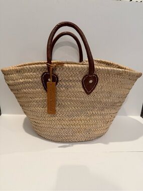 Woven Straw Tote with Brown Leather Handles